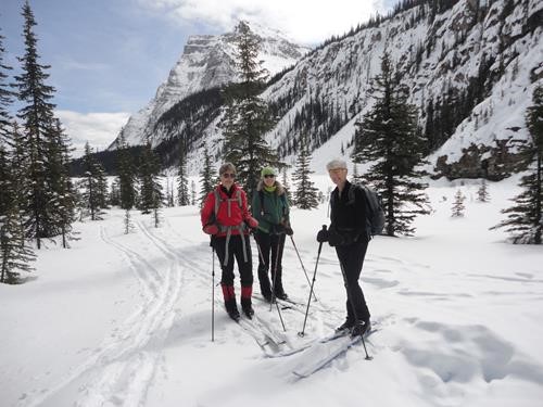 {276 Yolande deVisser}, {491 Phyllis Normey} and {1063 Inge Stolz}At the west end of the lake checking out the frozen waterfalls
