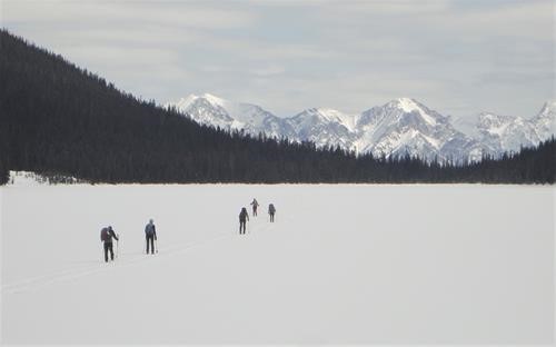 Skiing back across the lake to the lunch spot