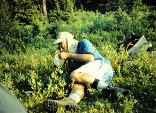 {0 Richard Jull} enjoys Sunday brunch on a backpack in St. Mary's Alpine Park, BC