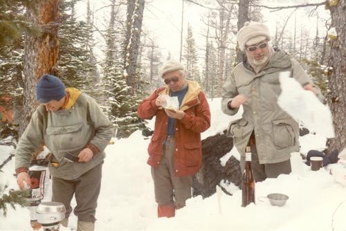 {265 Alistair DesMoulins}, {0 Jim Bruce} and {0 Richard Jull} at camp near Tower Lake