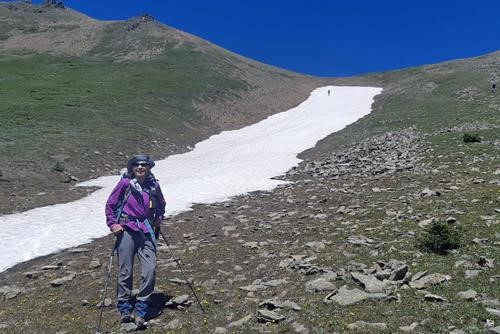 Jane and our glissade tracks off Paradise Pass