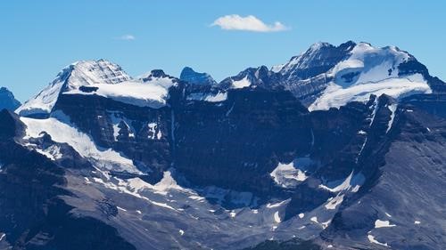 Mt Lefroy, left, Hungabee Mountain and Mt Victoria.