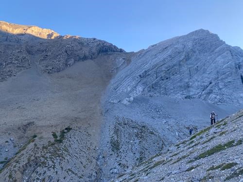 Heading out the Cornwall Creek valley, with our route down to Cornwall Creek from Banded Peak in the background