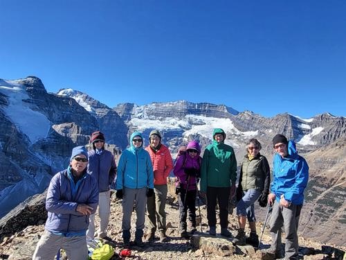 Ramblers at the top of Fairview with Mt Victoria in the background