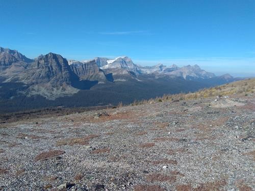 View northwest of Pharoah Peaks and snowy Mount Ball