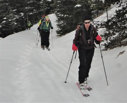 Skogan Pass Trail from the north: Ramblers skiing the trail on ascent