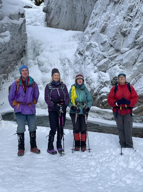 Ramblers pose by Evan Thomas Creek waterfall enroute to Green Monster
