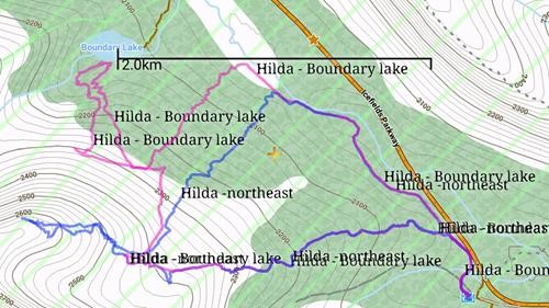 Hilda Hostel: Two possible ski routes: Hilda-Boundary Lake in purple, Hilda-northeast in blue