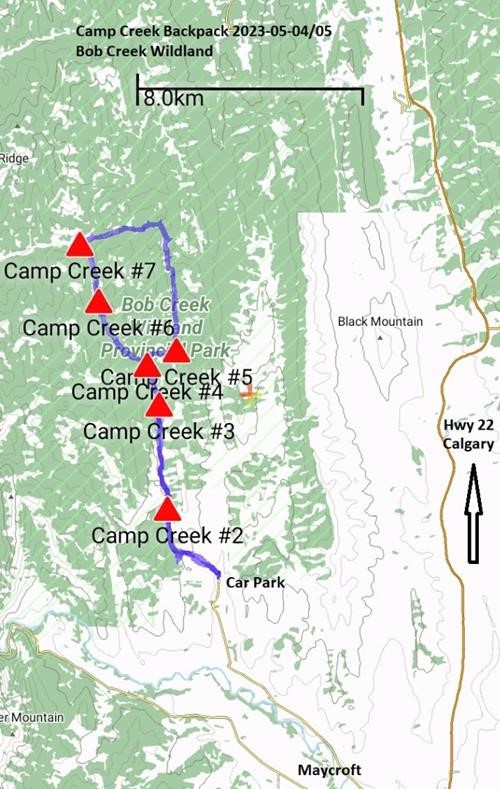 Map of a solo 2 day/1 night anti-clockwise backpack in the Bob Creek Wildland near Maycroft in May 2023