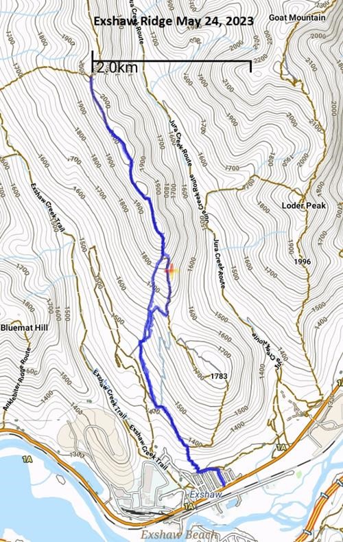 Map of trails up and down Exshaw Ridge
