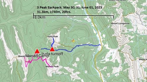 Map of backpack for peaks Isola, Monad, Monola near the Forestry Road south