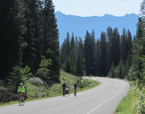 Christine (in yellow) on the Banff Parkway 