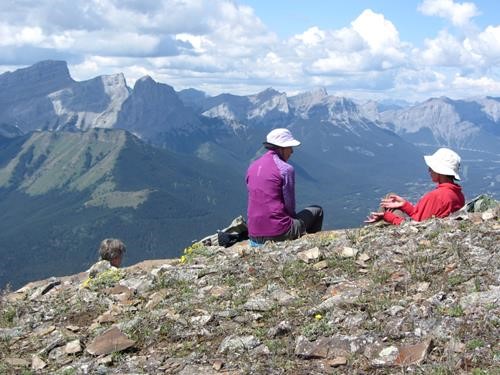 Enjoying the lunchtime view- Three Sisters Mountains in left distance 