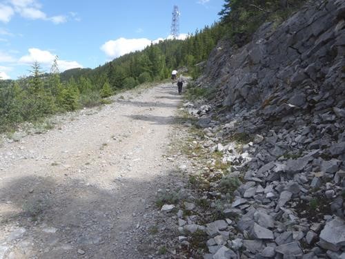 James cycling and Alda hiking Crowsnest Ridge access road