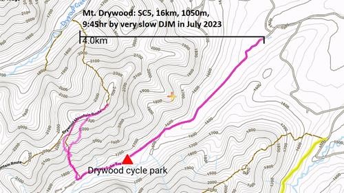 Map of GPS hiking route taken to Mt Drywood in July2023: car to car. 