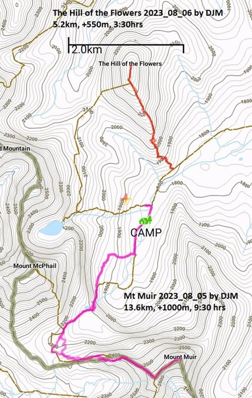 Map of route taken to Mt. Muir and to Hill of the Flowers
