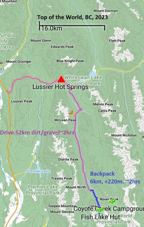 Top of the World Provincial Park BC: Map of driving approach from highway 93/95 4.5km south of Canal Flats, BC
