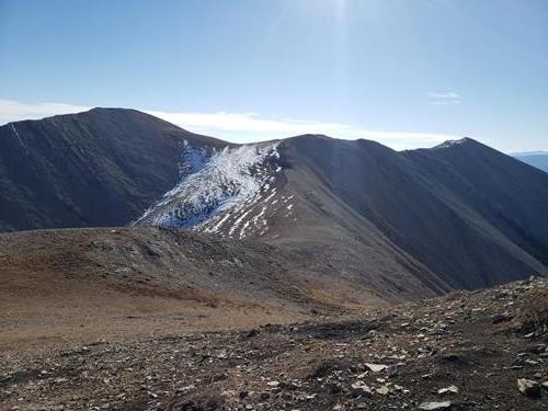 Looking at, from left to right, the Centre Peak, the hub, and the South Peak from near the West Peak of Moose Mountain.
