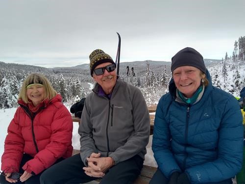 happy skiers Barb, Ron and Anne at picnic lunch on Mountain View West trail