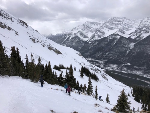 Ramblers heading down beside the snow covered stairs
