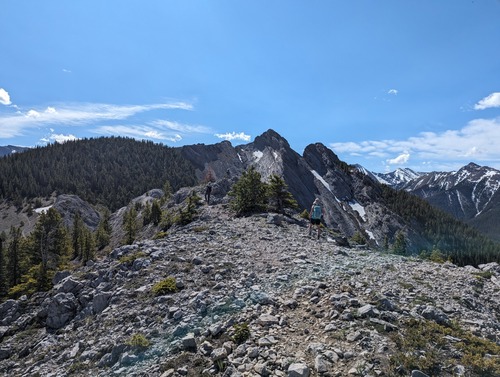 The first section of the ridge, our lunch spot (the small bump) and larger pointed pinnacle to the west of it in the distance
