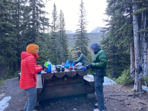 Early morning at the chunky picnic table; the sun won't hit this spot for 25 more minutes 