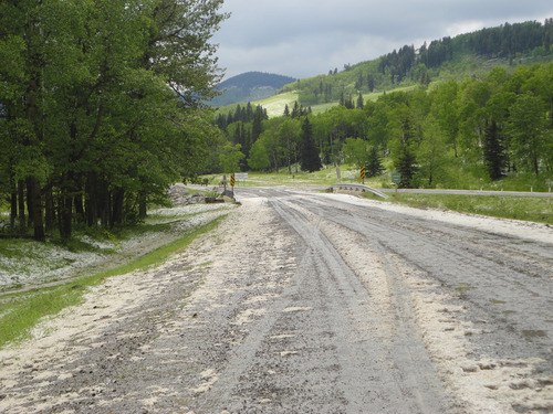 Road 532 near Indian Graves PRA after a severe hailstorm. 