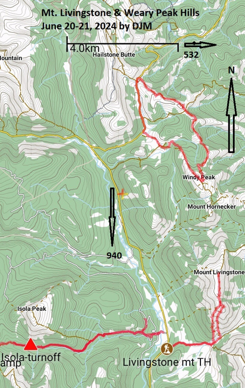 Map of Mt. Livingstone and Windy (Weary?) Peak Hills from June 2024. Includes a trail towards Isola, Monad and Monola. 