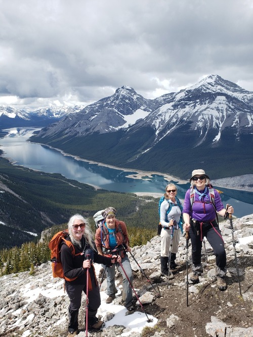 Rocking Ramblers on their way to the top with great view of Spray Lake. 