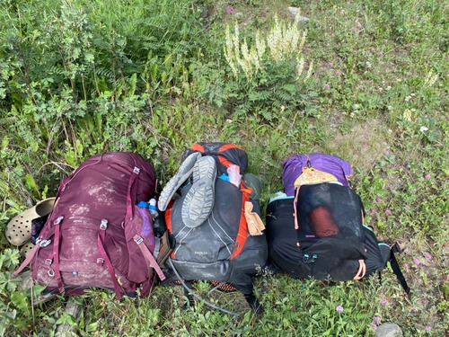 Our packs all excited to be getting out on a trip. Each weighs about 25 pounds.