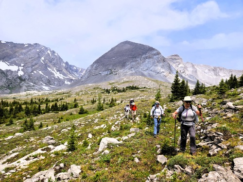 Traversing the bench below Mount Inflexible