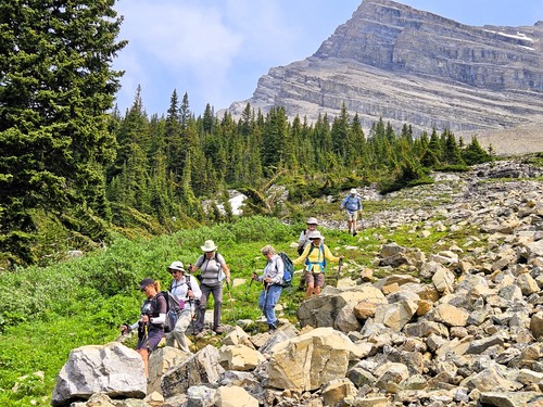 Descending the edge of the avalanche slope below the North side of Mt Inflexible