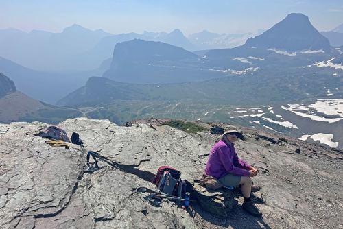 Jane at the summit of Mt Oberlin, Reynolds Mtn at the right