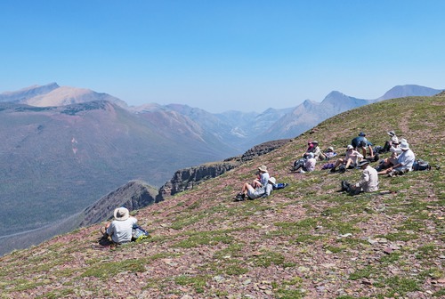 Lunch at a sheltered lee spot below the first peak. 