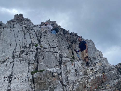 Sim and Gary enjoying some scrambling near the summit