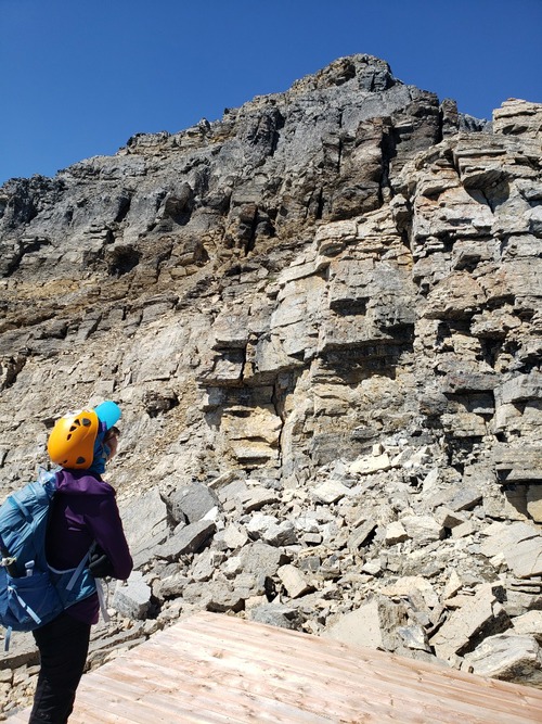 Looking up at the crux from the heli-pad on the ridge just below the summit.