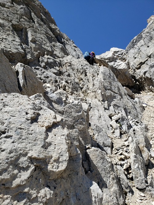 Typical terrain in the upper part of the gulley leading to the summit ridge.