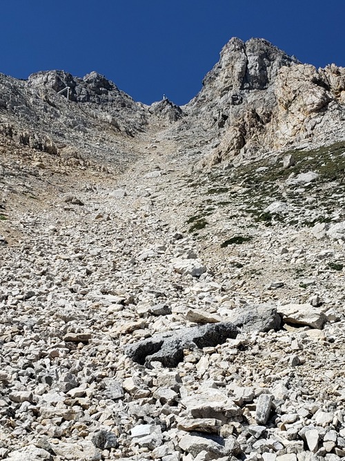 Looking up at the gulley that leads to the summit ridge. Two of the Gazex exploders can be seen higher up.