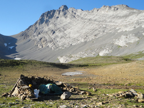 Camp at Northover Lakes, BC with Mt. Northover behind. 