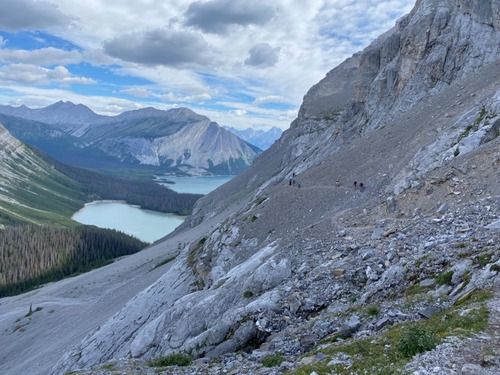 Up the headwall with Hidden Lake and Upper Kananaskis Lake below Up the headwall with Hidden Lake and Upper Kananaskis Lake below