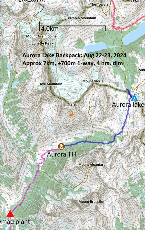 Map of non-club backpack to Lake Aurora on BC/Alberta border "near" Mt. Assiniboine. 