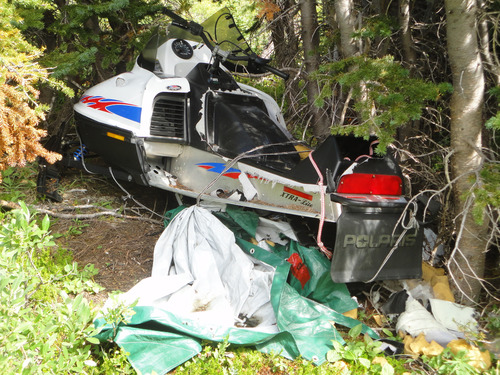Abandoned snowmobile near Skyline Falls in the Sugar Bowl adjacent to Littlehorn Meadows 