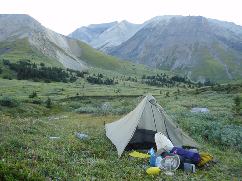 Camp in Sugar Bowl. Mt Hangman in top centre