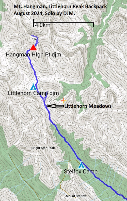 Map of solo backpack by David to Mt. Hangman (failed) and Littlehorn Peak (successful) in August 2024. 