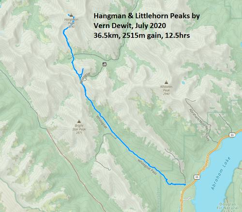 Map of day trip to Hangman and Littlehorn Peaks by Vern Dewit in July 2020