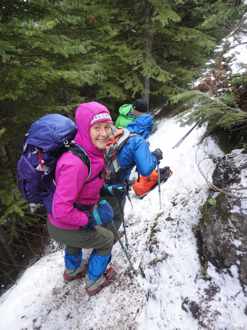 Wind Ridge turn-around on bypass cliff trail. Note icy snow and steep terrain with a gale blowing above. 