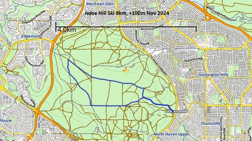Map of ski route taken on Nose Hill, Calgary. Approx 8km,