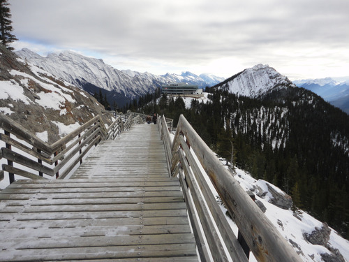 Banff Sulphur Mtn Winter Boardwark between Gondola summit and nearby Cosmic Ray Station. 
