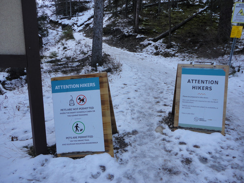 Sulphur Mtn Trail base in Banff (Winter): Pet and Hiker warning signs. Click to enlaarge