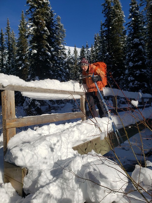 {957 Bob West} on the tricky bridge crossing on the way into Marvel Lake